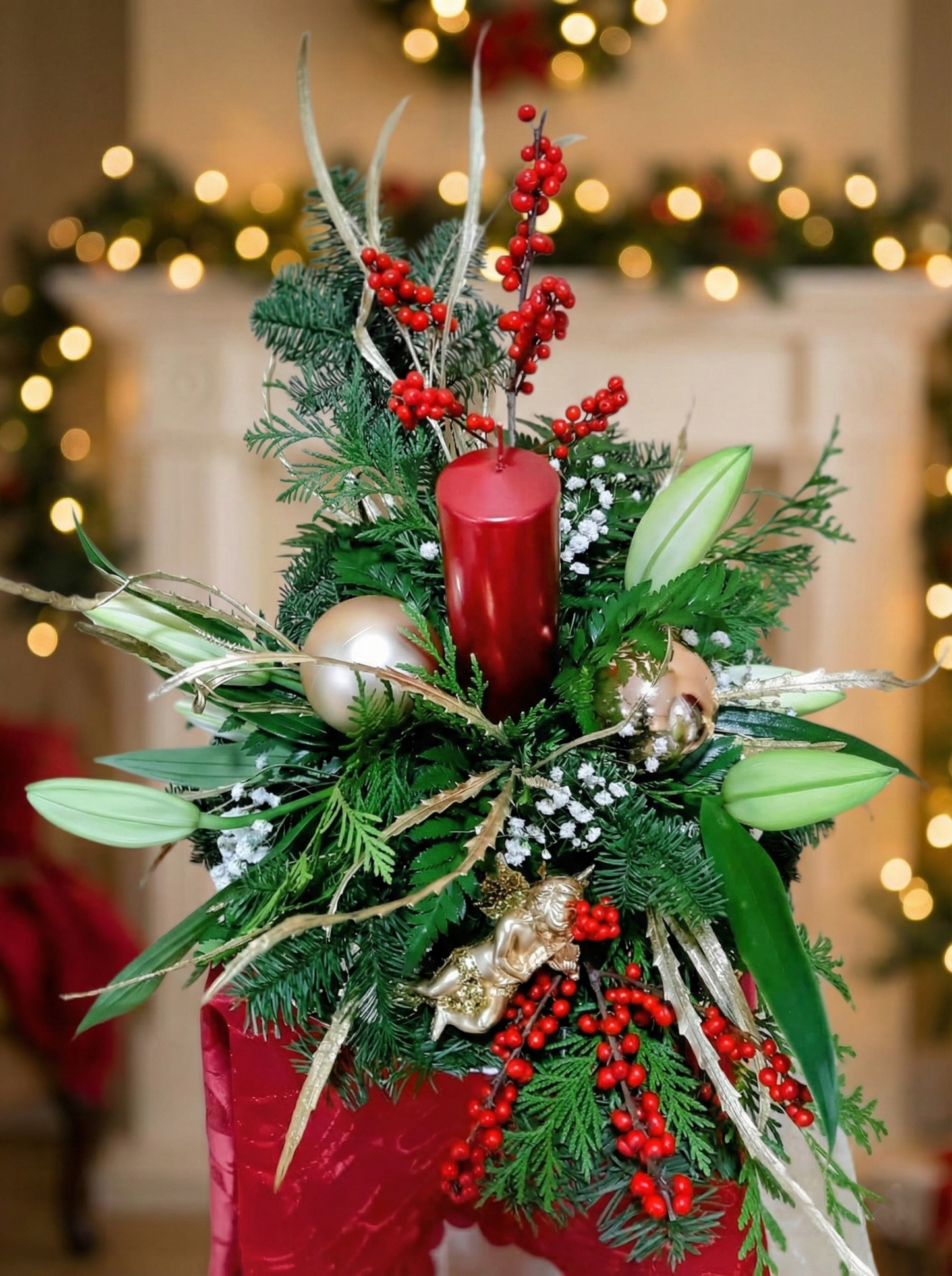 Christmas Centerpiece with Candle and White Lilies