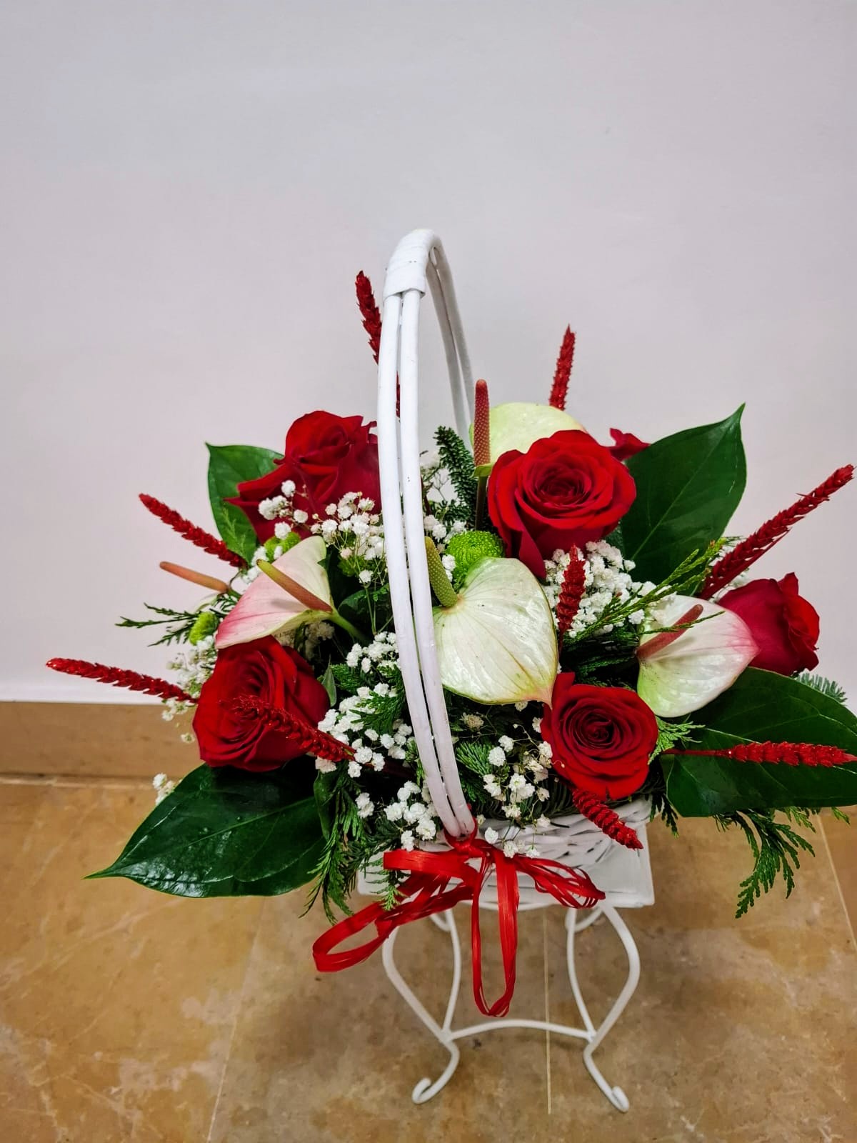 Christmas Basket with Red Roses and Anthurium