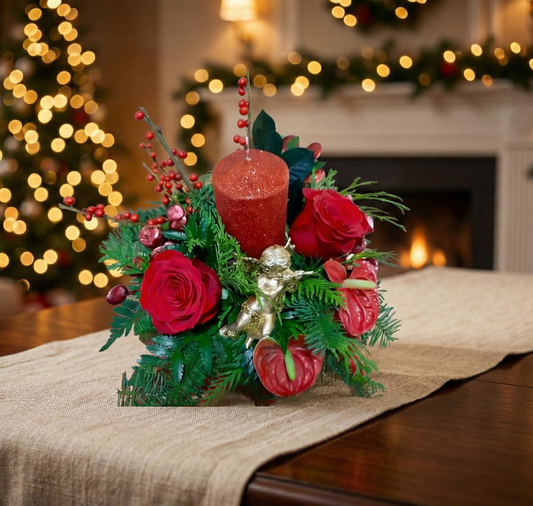 Christmas Centerpiece with Roses and Anthurium
