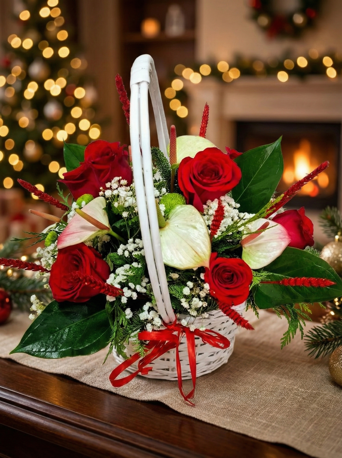 Christmas Basket with Red Roses and Anthurium