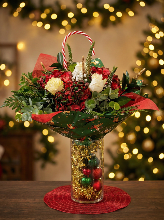 Christmas bouquet with hydrangeas and roses