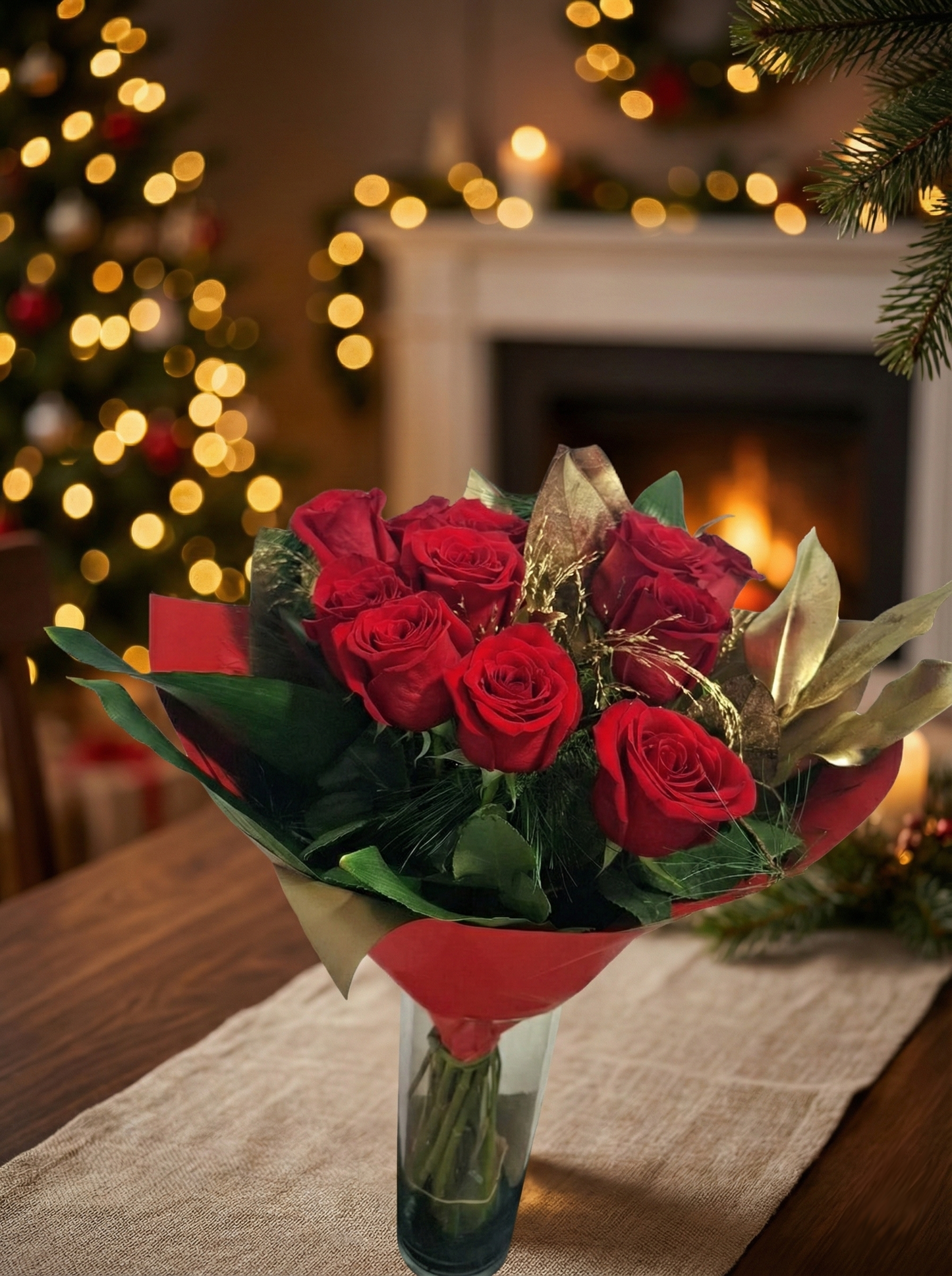 Bouquet of 12 Red Roses with a Christmas Touch