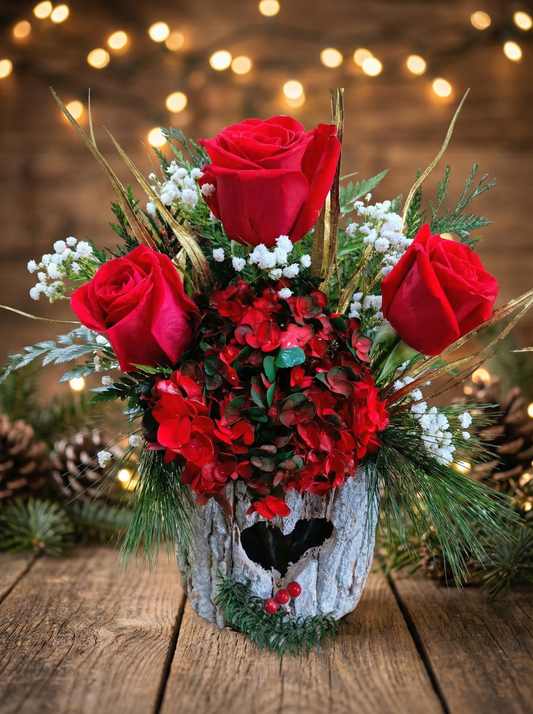 Rustic Christmas Log with Natural Flowers